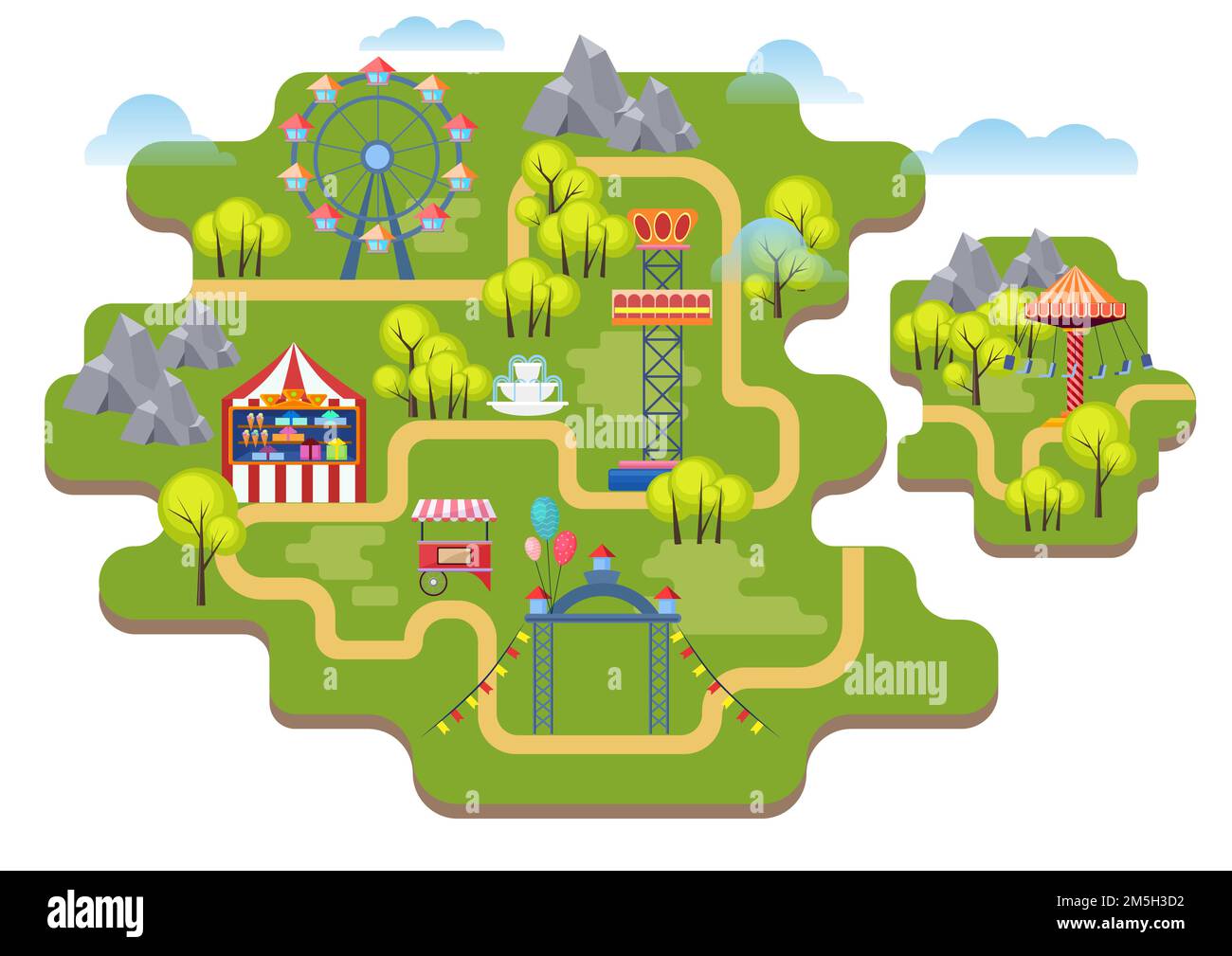 Cartoon vector amusement park map background isolated Stock Vector