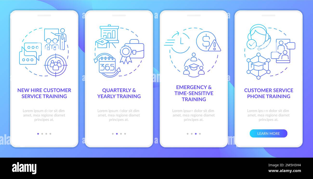 Customer service trainings blue gradient onboarding mobile app screen Stock Vector