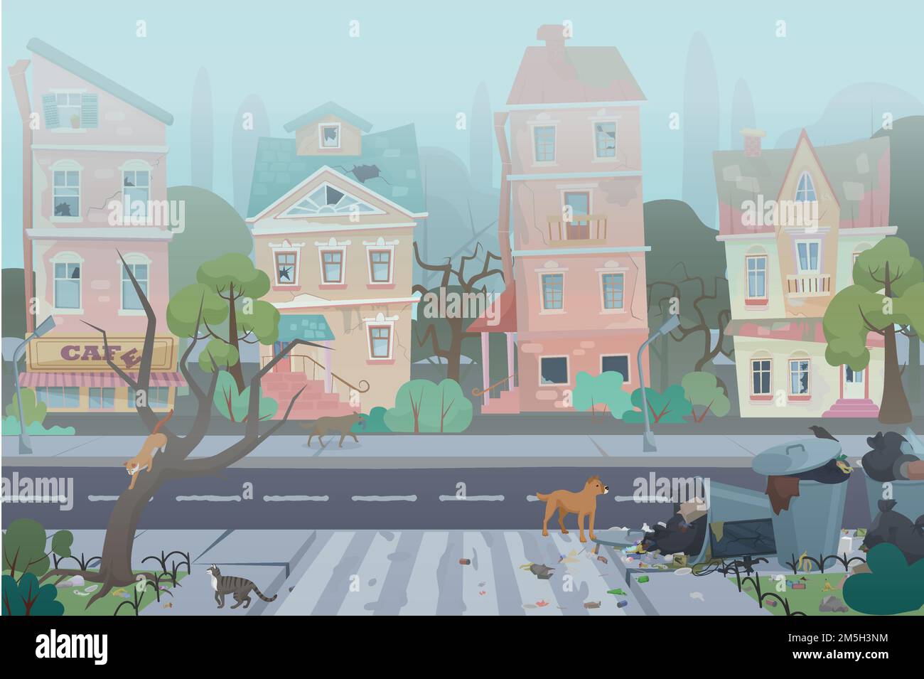 Dirty foggy street with garbage around. Empty city with worn, broken and dirty buildings, waste, full dustbins with cats and dogs. Unfavorable abandon Stock Vector