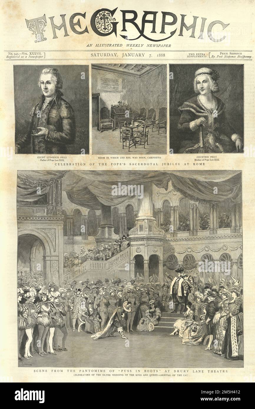 Front page Graphic Illustrated Newspaper, 1888, Pope Leo XII, Sacerdotal Jubilee, Pantomine Puss in Boats, Drury Lane Theatre, Victorian 19th Century Stock Photo