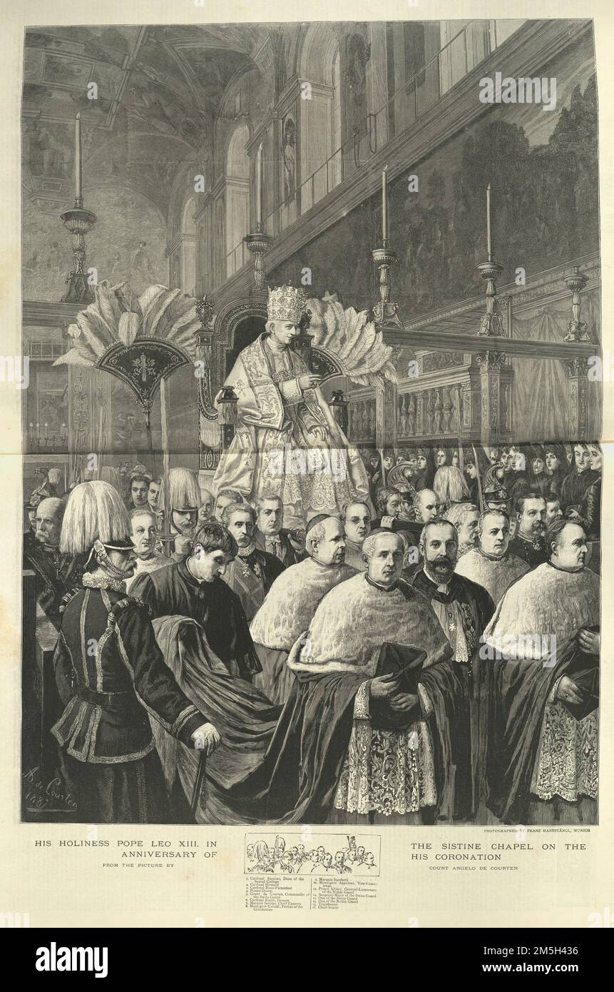 Vintage illustration of Pope Leo XIII in the Sistine Chapel on the anniversary of his coronation, 1888, 19th Century Stock Photo