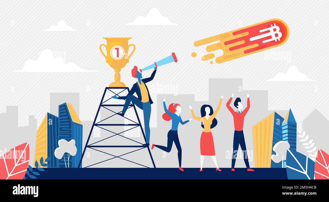 Bitcoin crypto currency growing, hyip concept vector illustration. Cartoon  happy people celebrating of bitcoin high flying comet, cyber money income  growth, success cryptocurrency business background Stock Vector Image & Art  - Alamy