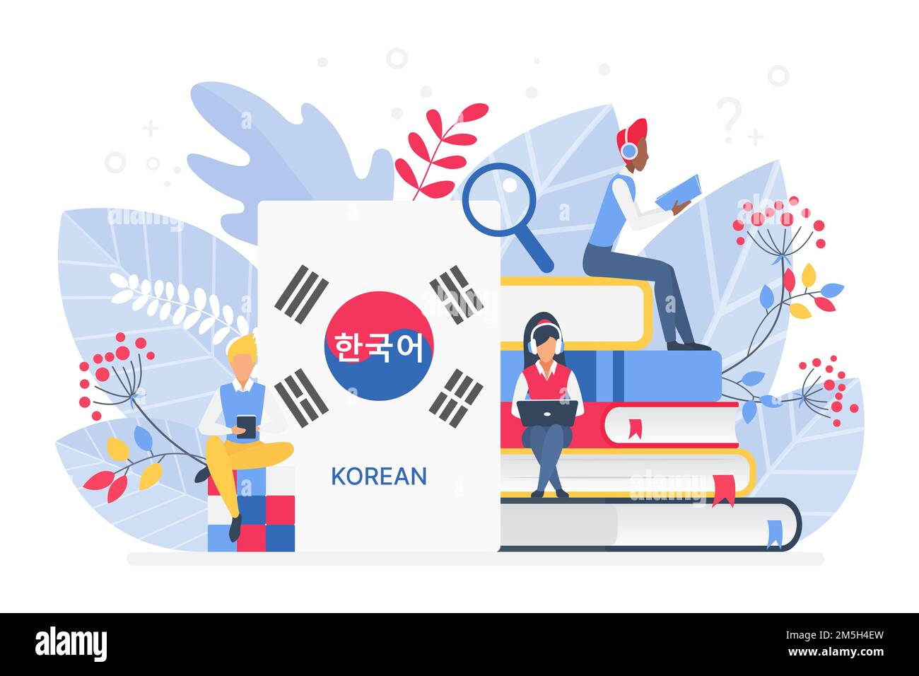 People learning Korean language vector illustration. Korea Distance education, online learning courses concept. Students reading books cartoon charact Stock Vector