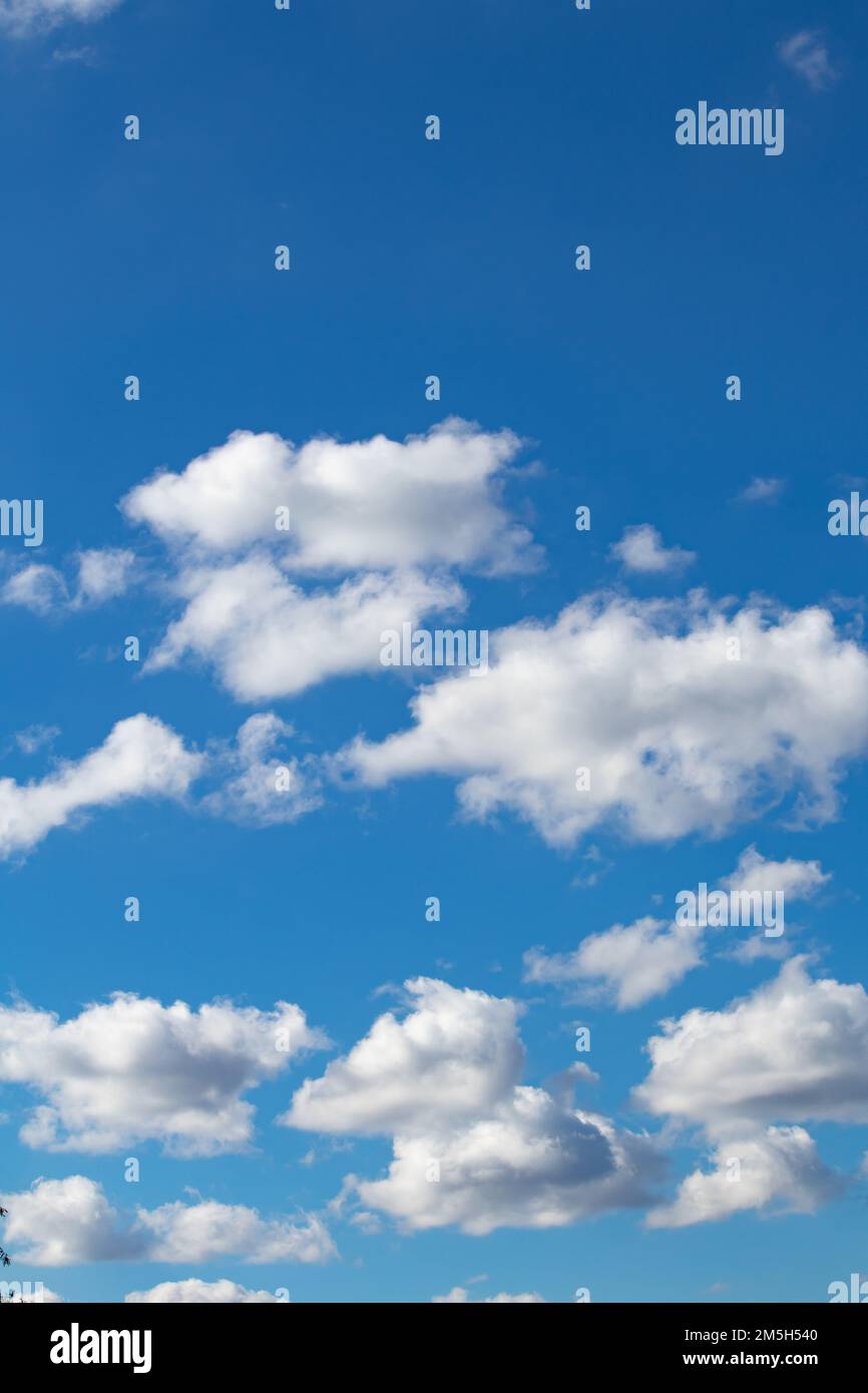 Cloudy blue sky, white clouds background with deep blue sky. Wallpaper with sunlight. Texture, pattern idea concept. Vertical photo. No people, nobody Stock Photo