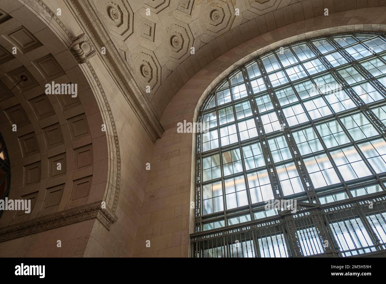 Toronto- Canada- Circa Augus 2019. Architecture detail of ceiling and big window at urban train Union Station in Toronto. Neoclassical Building Stock Photo
