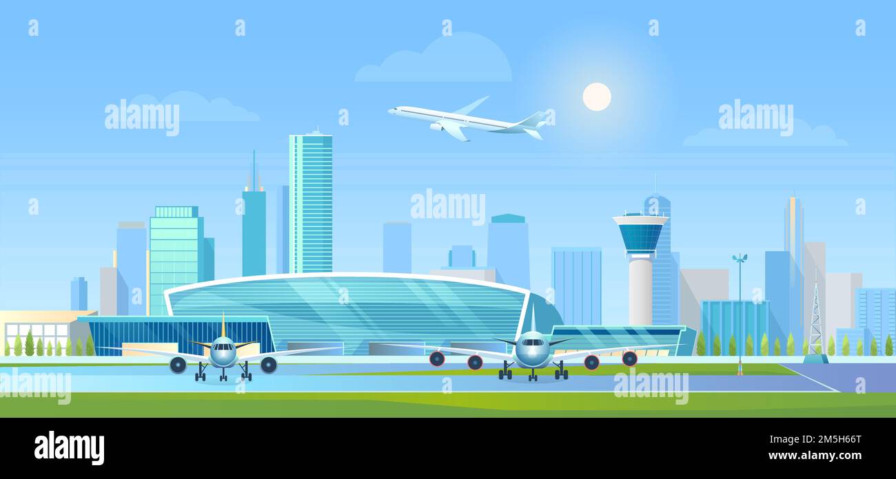 City airport in modern city with skyscrapers, terminal building and air traffic control tower Stock Vector