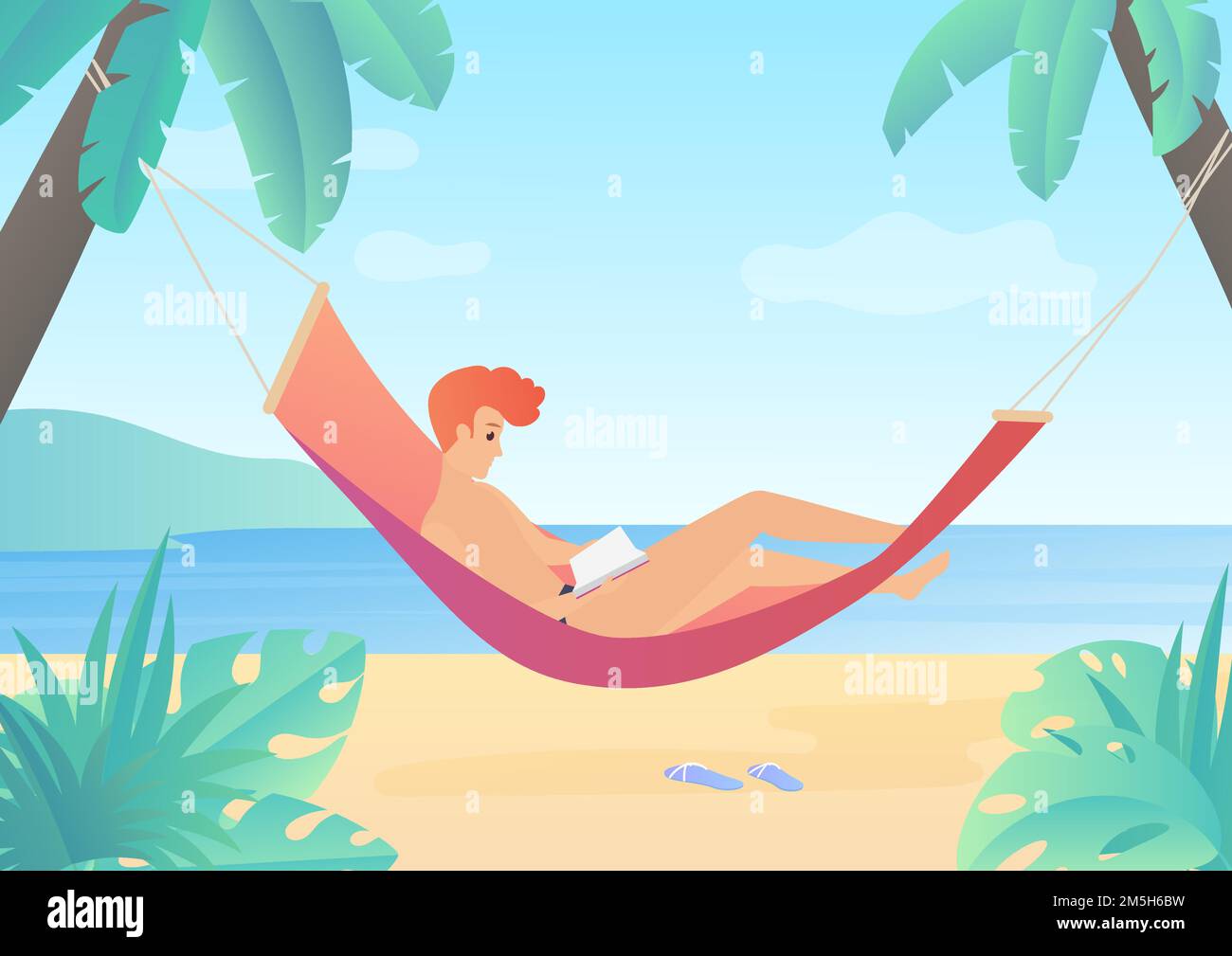 Reading young man on hammock vector flat gradient illustration Stock Vector