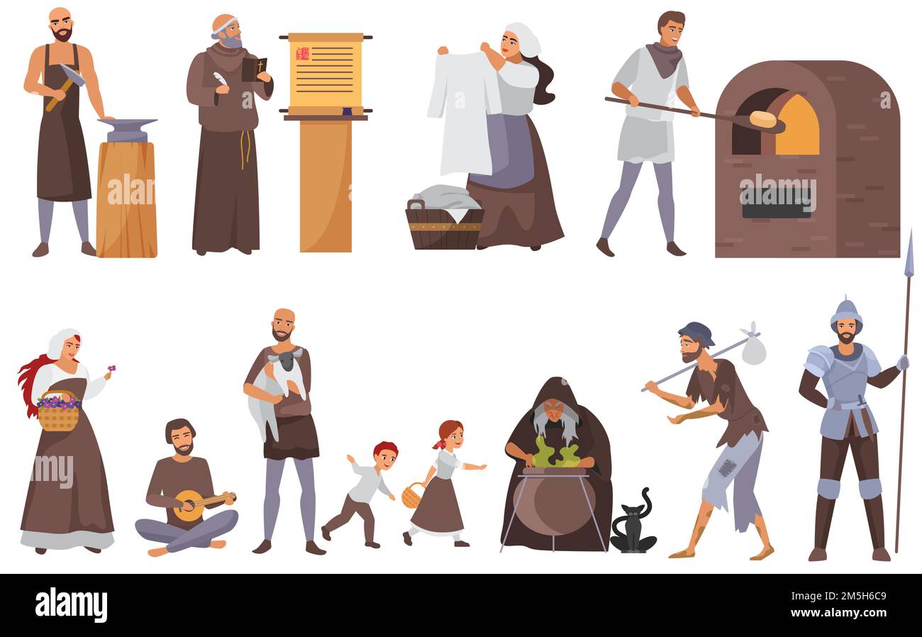 Medieval people vector illustration set. Cartoon flat historical middle ages characters collection with peasant family, blacksmith and priest, laundre Stock Vector