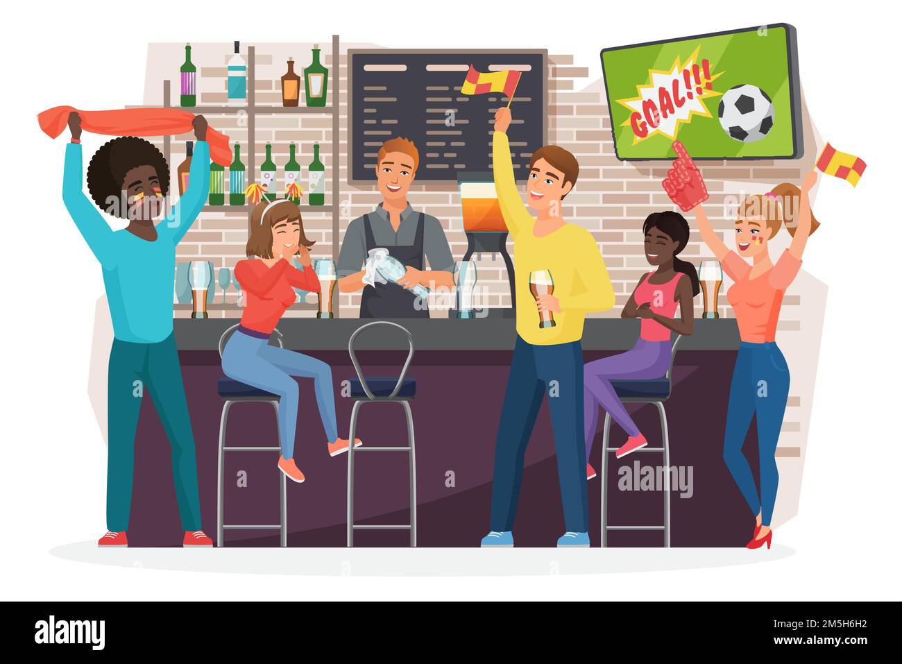 People drinking beer in bar flat vector illustration. Friends watching football match, bartender standing at sport bar stand cartoon characters. Footb Stock Vector