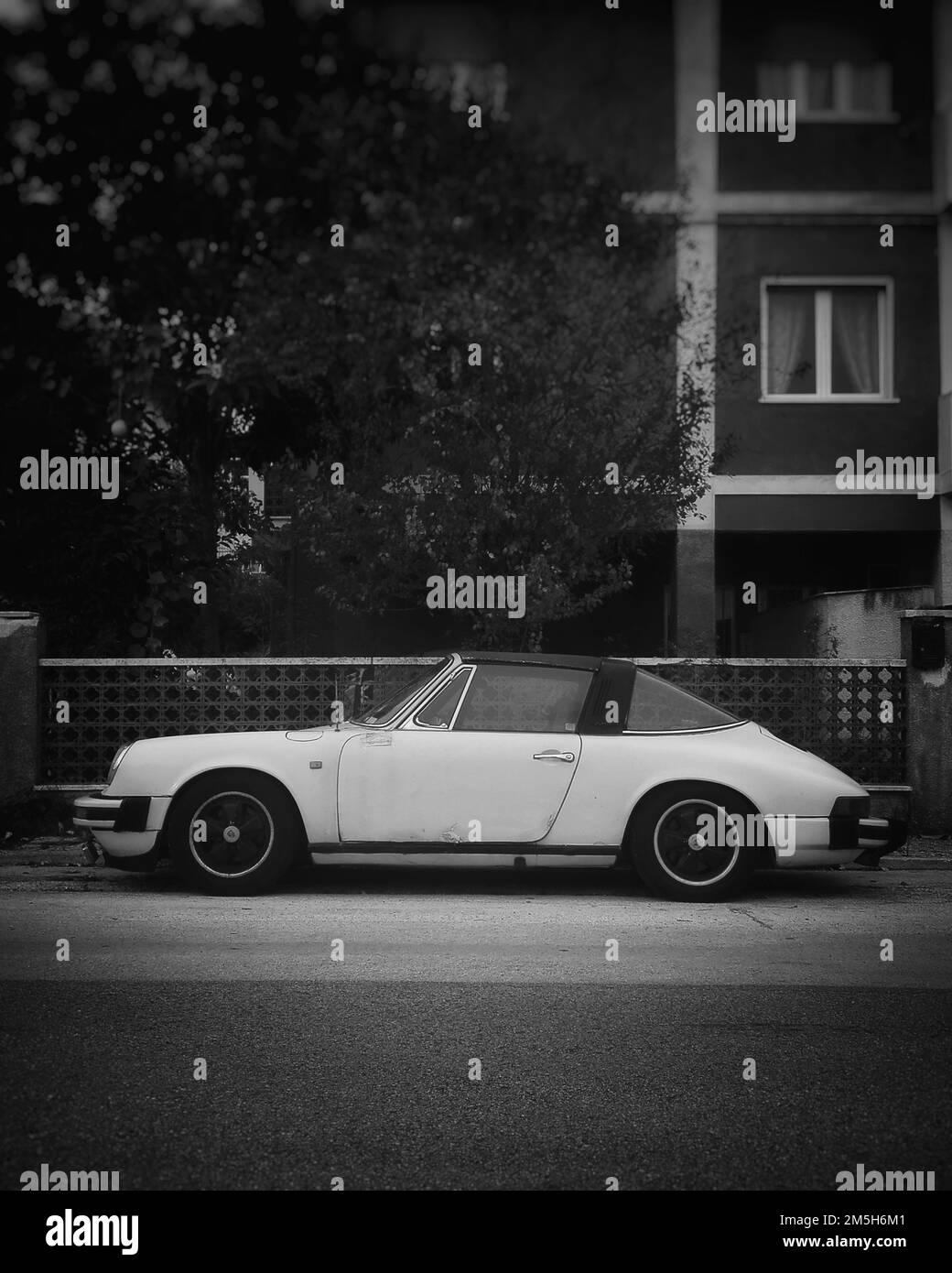 old vintage porsche carrera 911. black and white luxory porsche car. Stock Photo