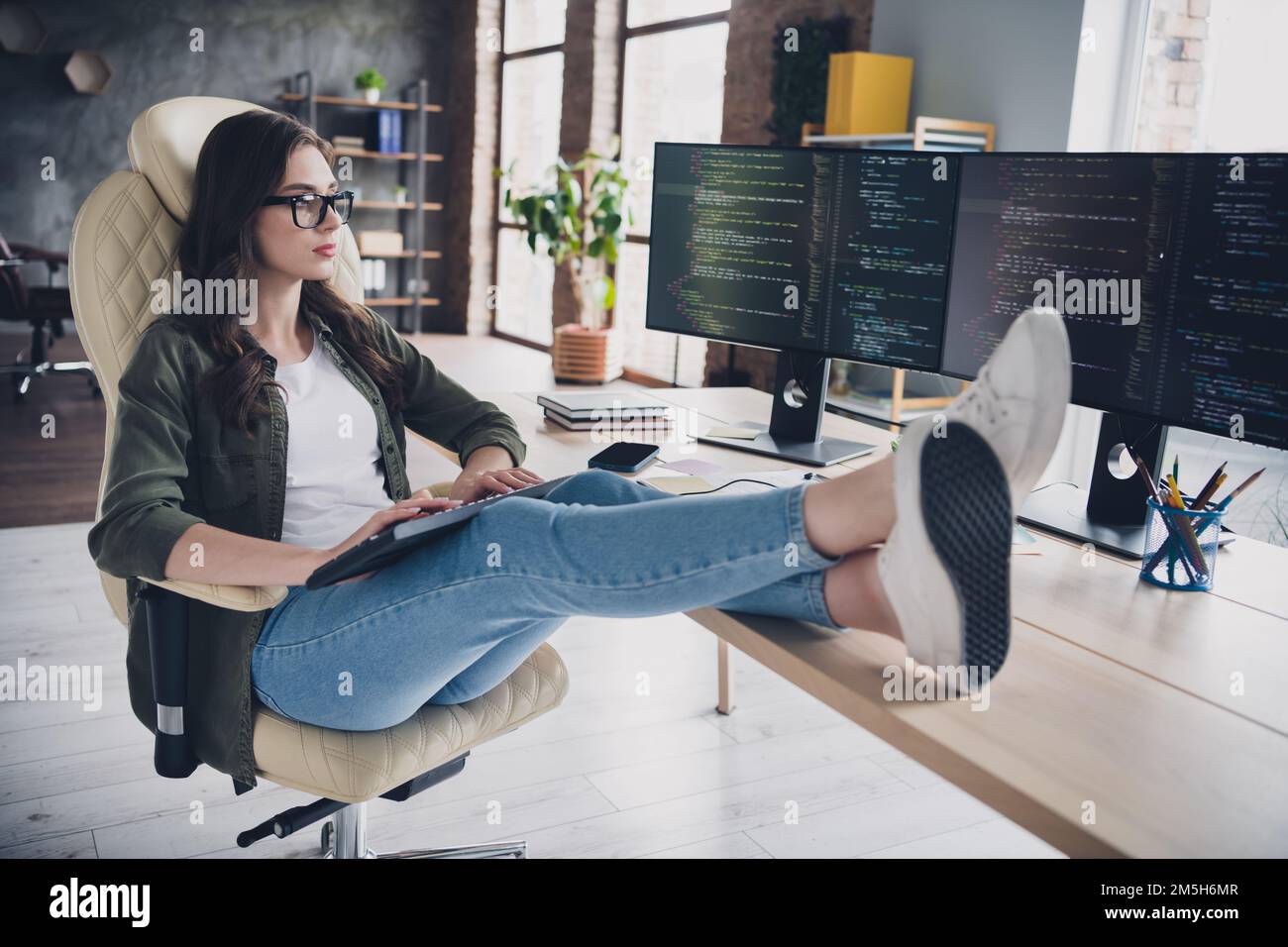 Photo of busy smart lady software specialist wear glasses programming ...