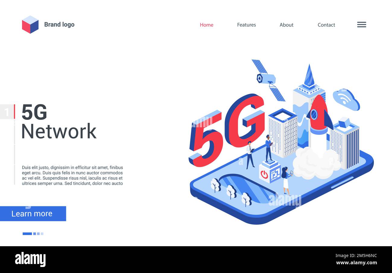 Creative modern concept landing page, design with cartoon 3d tech global network of high speed innovation telecommunication in smart city. Isometric 5 Stock Vector