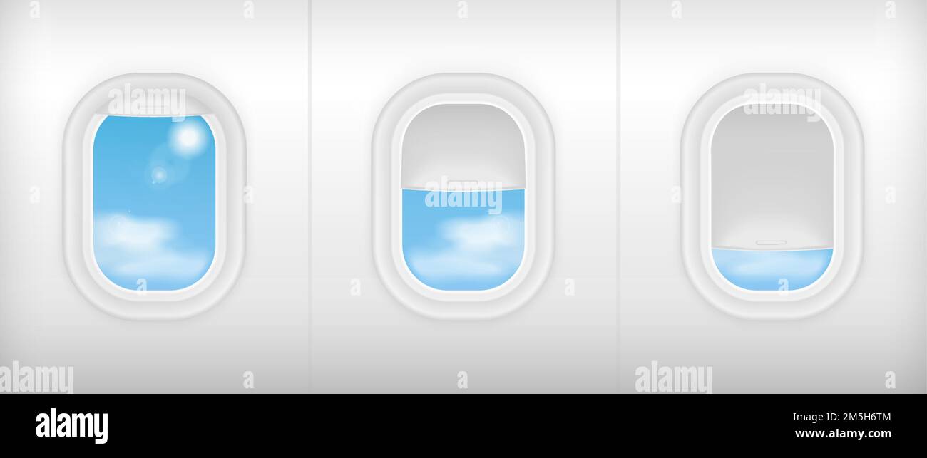 Realistic soft color airplane transport interior. Aircraft inside seats chairs near windows. Business class travel concept vector illustration Stock Vector