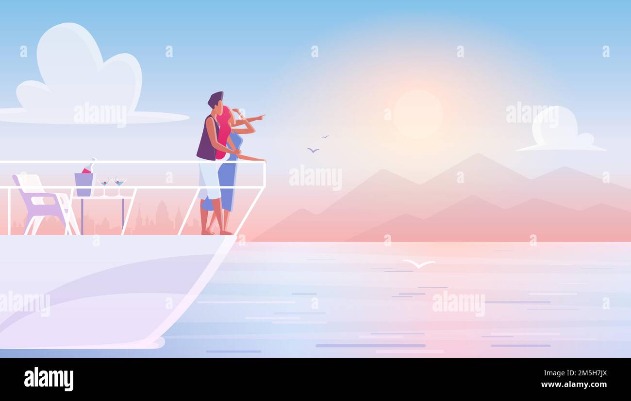 Romantic young family couple admiring sunset during dating on yacht. Man and woman enjoying holiday leisure time riding on boat in sea, vacation trave Stock Vector