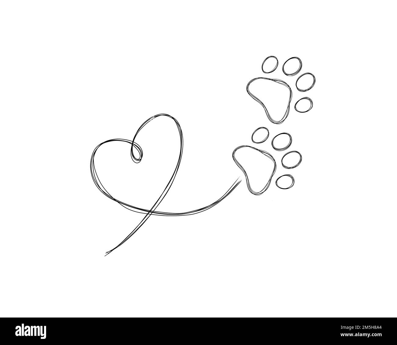 Dog footprints line art print. Dog's paw in the heart love for a pet . Paw doodle illustration
