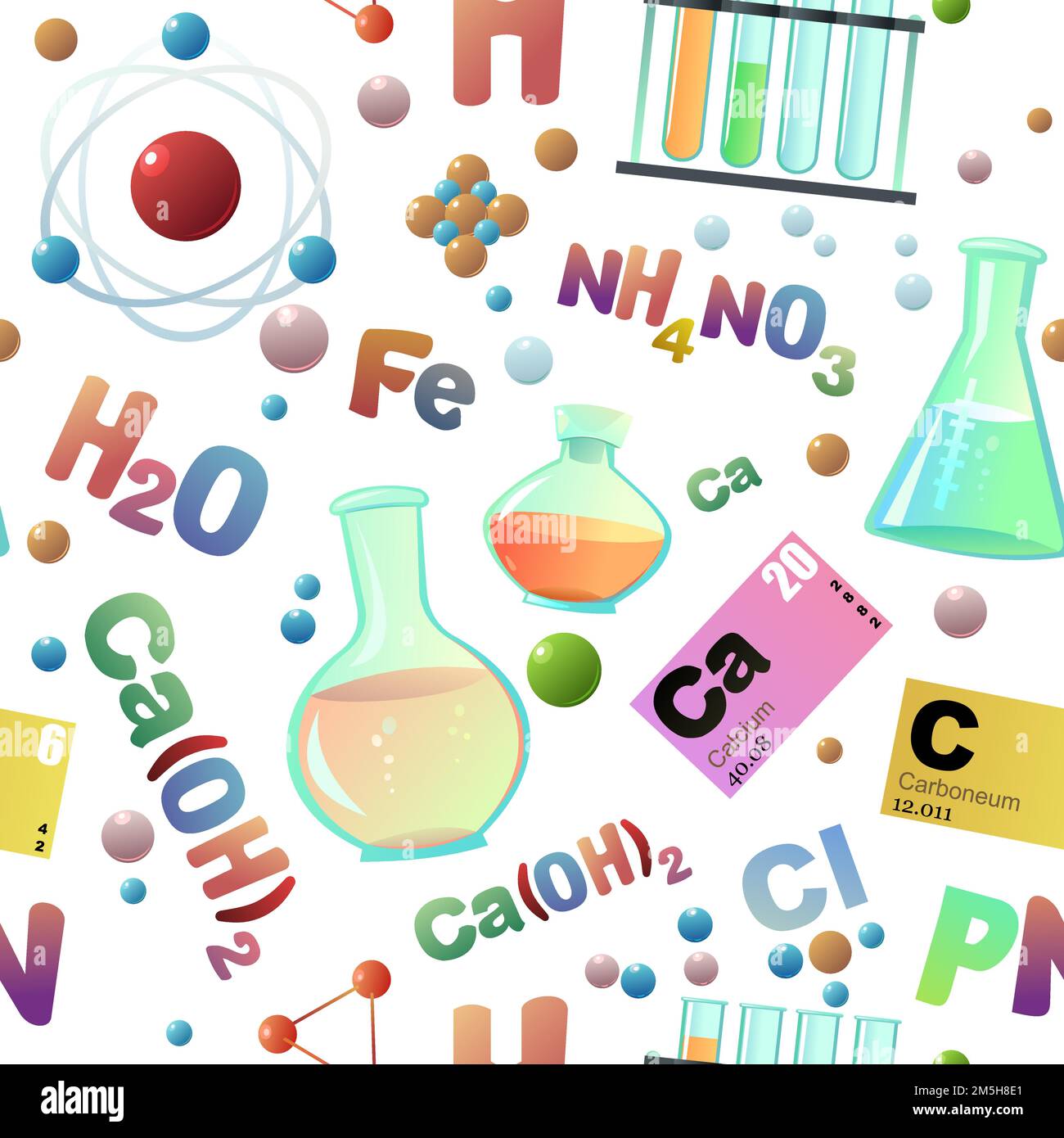 Chemistry items seamless pattern. Cartoon style. Study and production of mineral. Organic and inorganic. Parts of molecular and atomic basis. Isolated Stock Vector