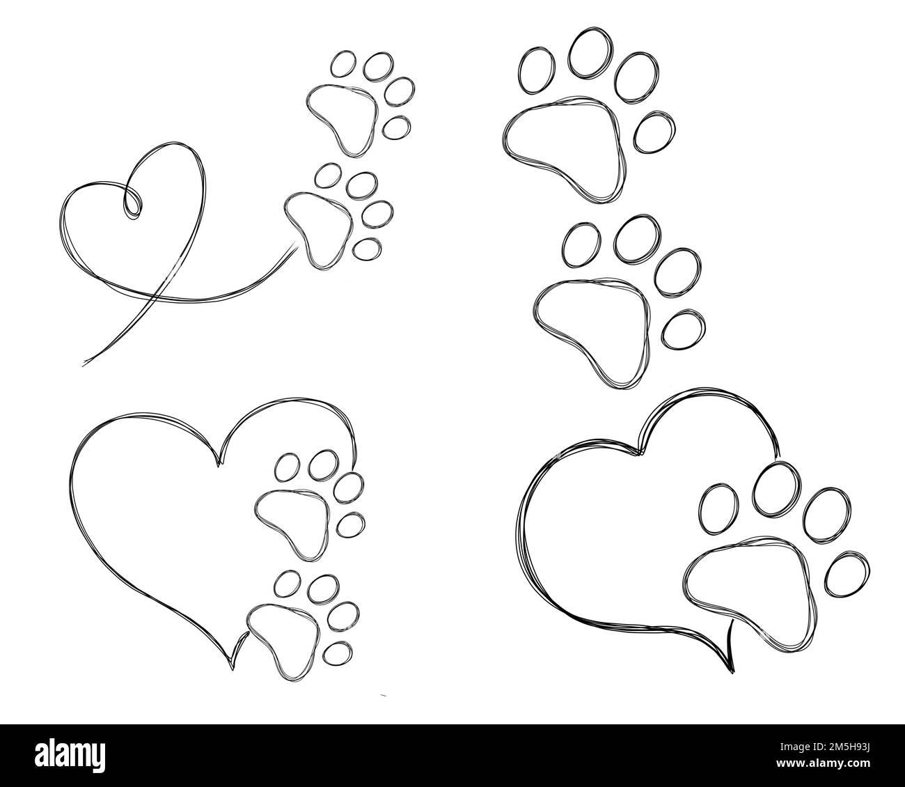Big set line art illustration pet care, dog footprint. Dog paw tattoo