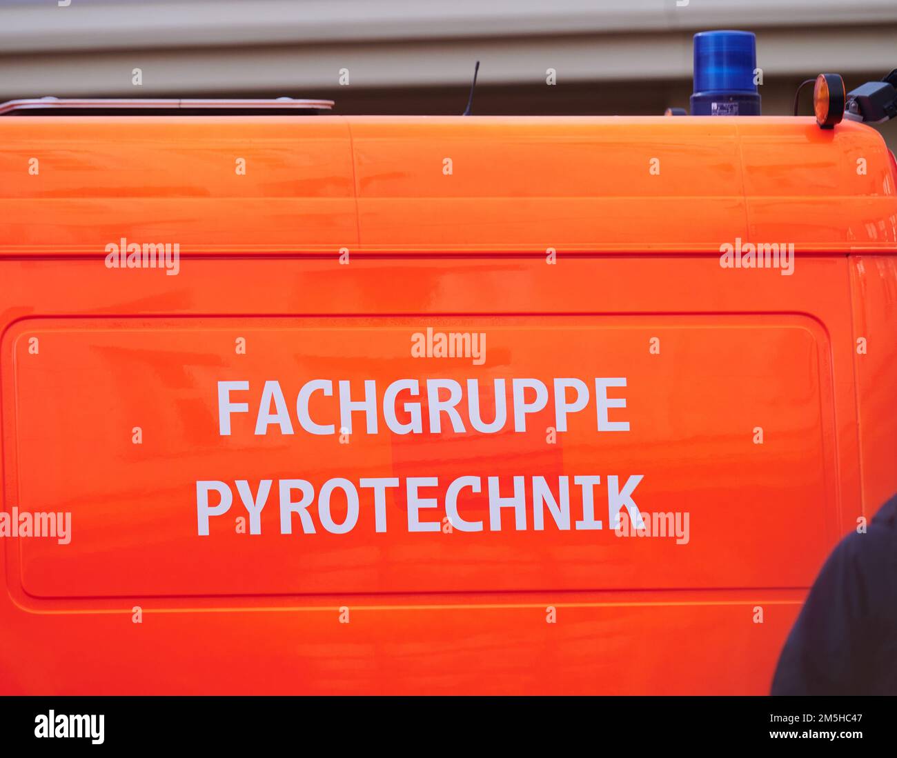 Berlin, Germany. 29th Dec, 2022. 'Fachgruppe Pyrotechnik' is written on an emergency vehicle of the Berlin Fire Department. The Berlin Fire Department provides information on the proper handling of fireworks as well as the set-up for the turn of the year. Credit: Annette Riedl/dpa/Alamy Live News Stock Photo