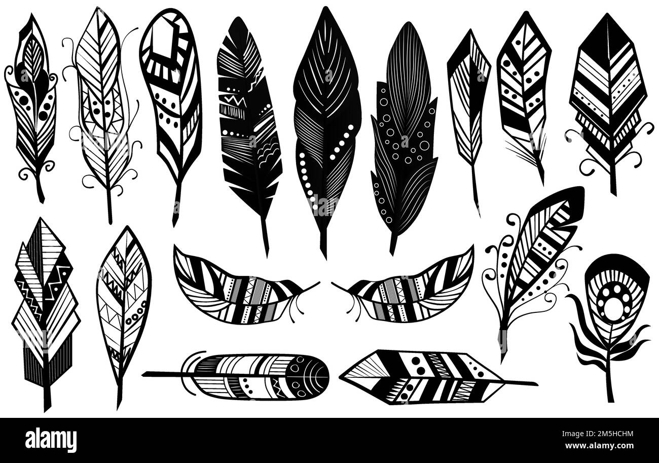 Peerless tribal design of decorative black feathers silhouette set