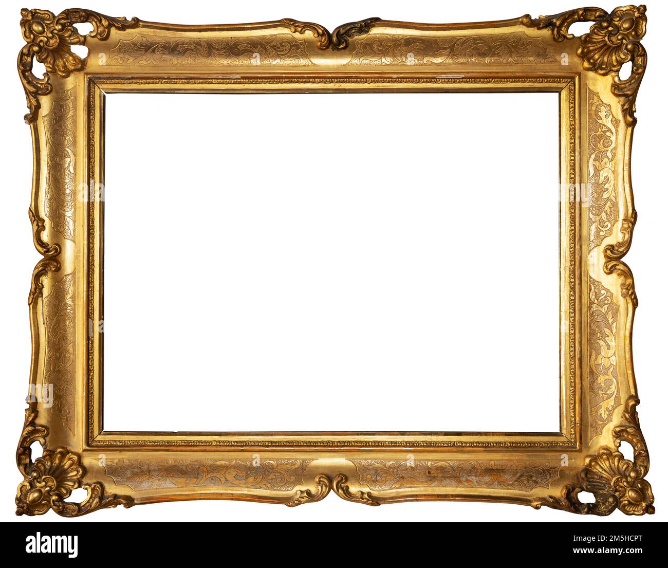 Antique golden frame isolated on white background. Old wooden frame