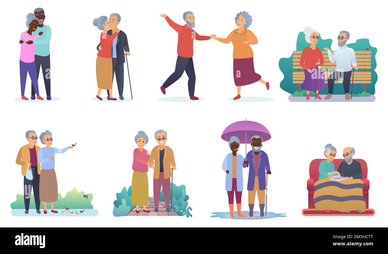 Active lifestyle old grandparents. Elderly people characters. Cartoon seniors family activities isolated vector illustration Stock Vector