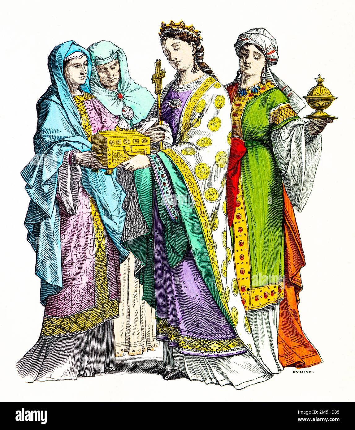 Historical costumes of the 10th century,  historical illustration, Münchener Bilderbogen, München 1890 Stock Photo