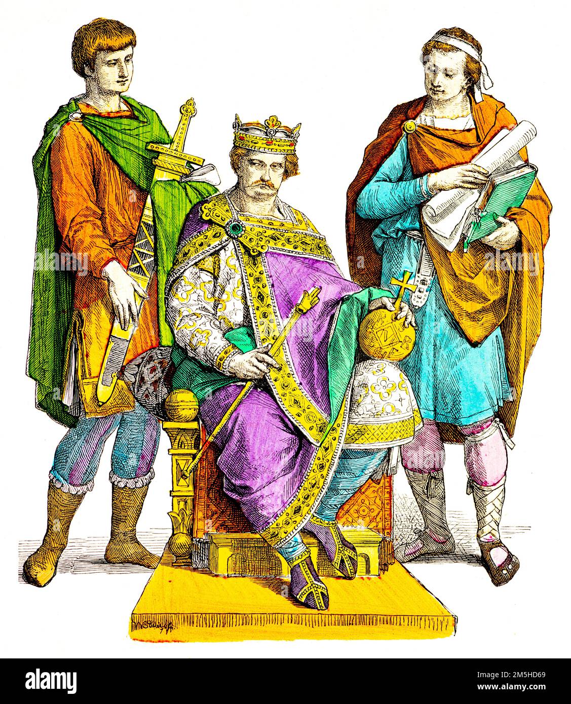 Historical costumes of the 10th century,  historical illustration, Münchener Bilderbogen, München 1890 Stock Photo