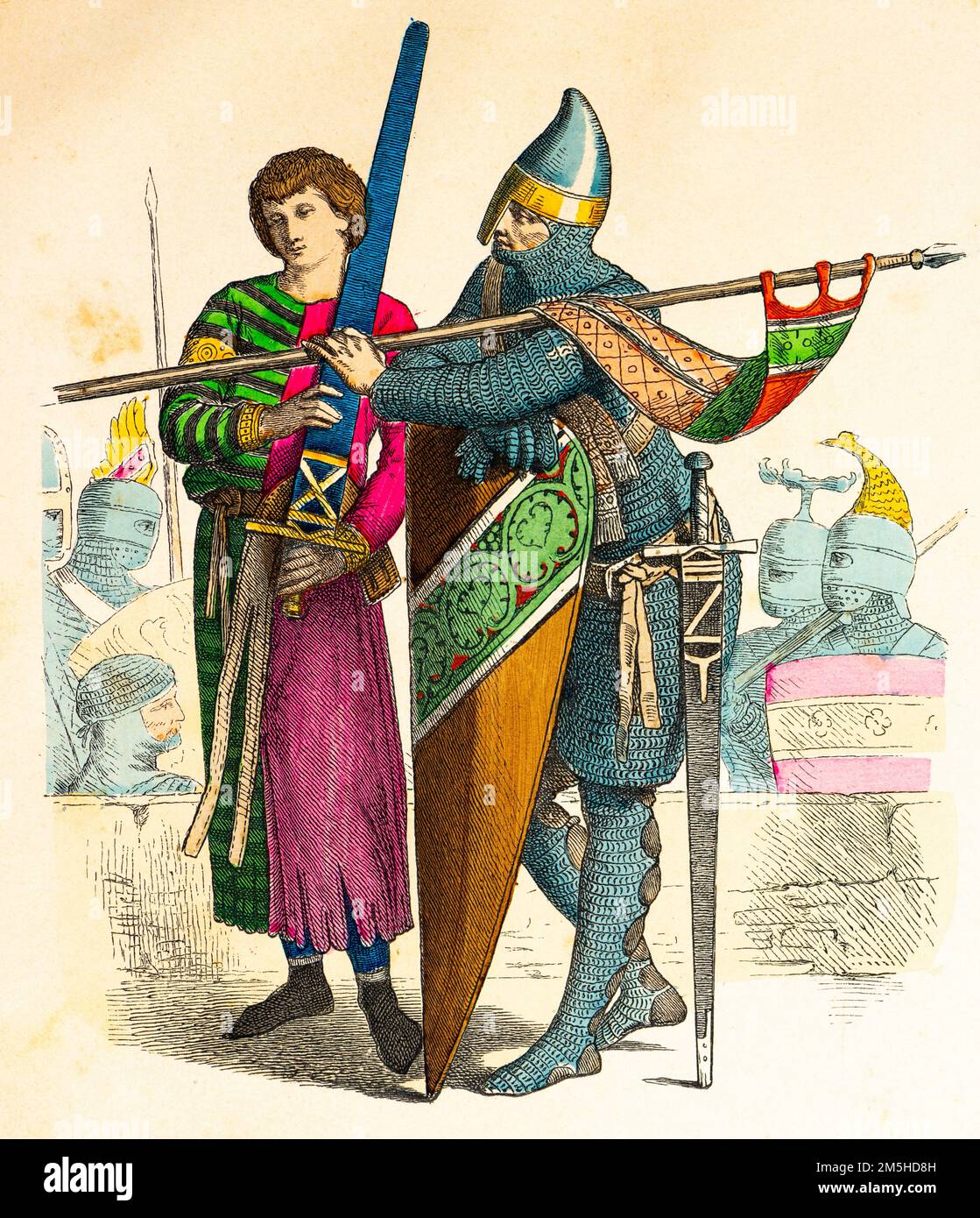 Historical costumes of the 12th century,  historical illustration, Münchener Bilderbogen, München 1890 Stock Photo