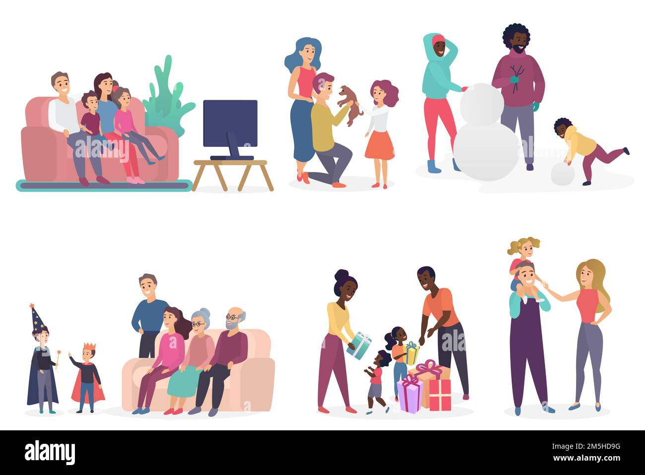 Family members spending time together. Parents and children watching TV, talking, playing, birthday celebrating. Flat vector illustration Stock Vector