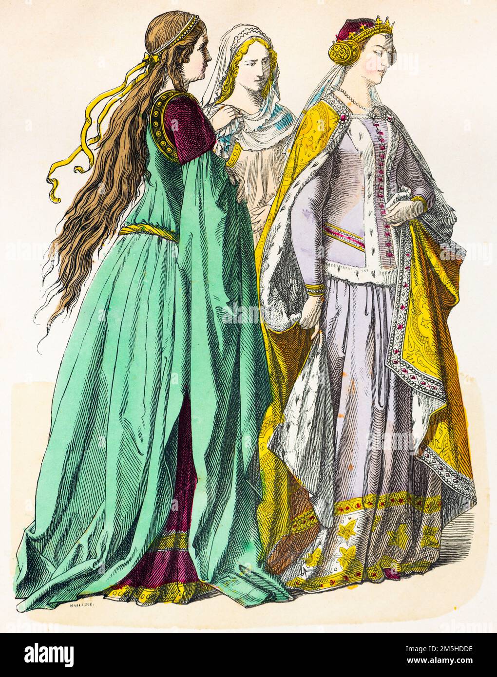 Historical costumes of the 14th century,  historical illustration, Münchener Bilderbogen, München 1890 Stock Photo