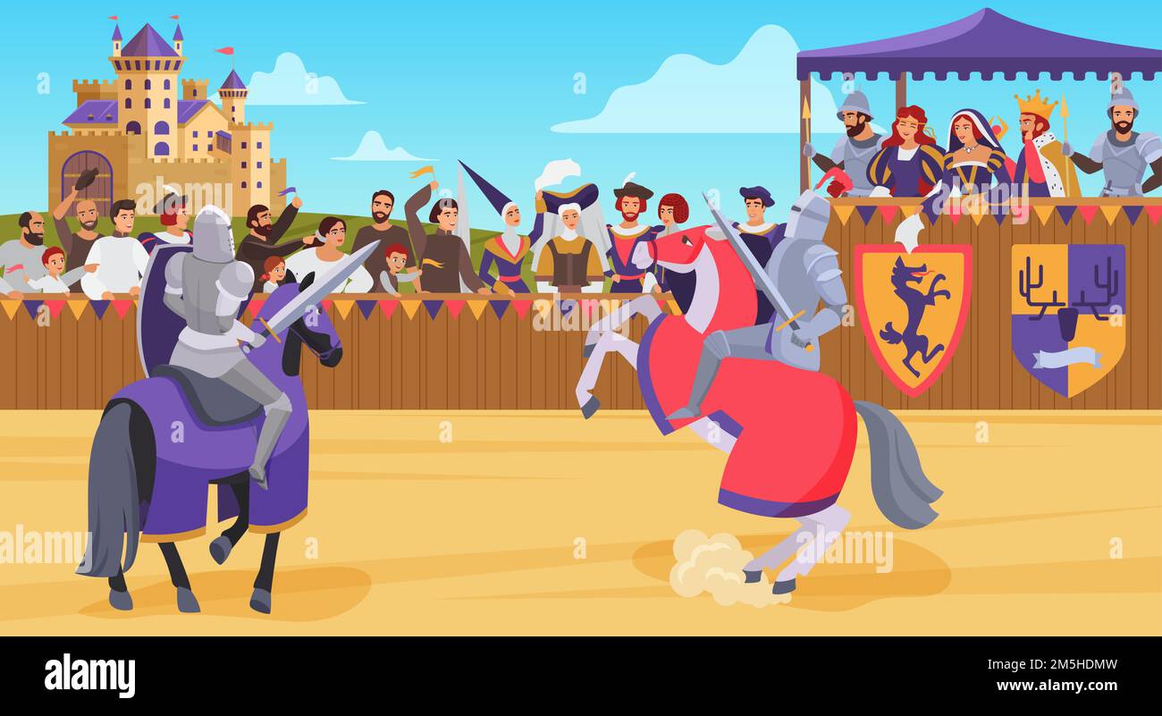 Medieval knight battle, horseman hero fighting on royal battlefield tournament Stock Vector