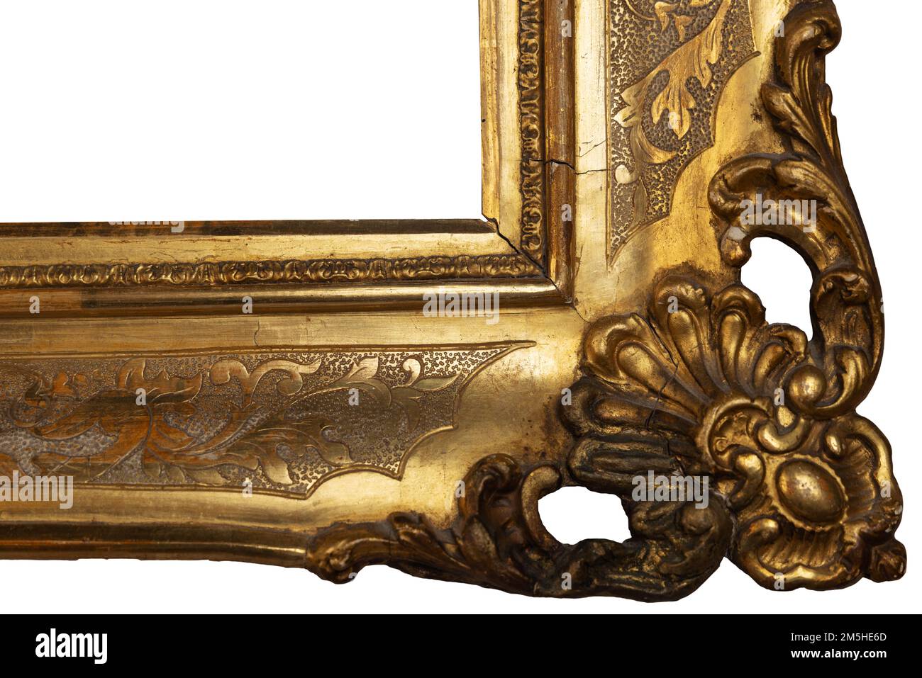 Antique golden frame isolated on white background. Old wooden frame