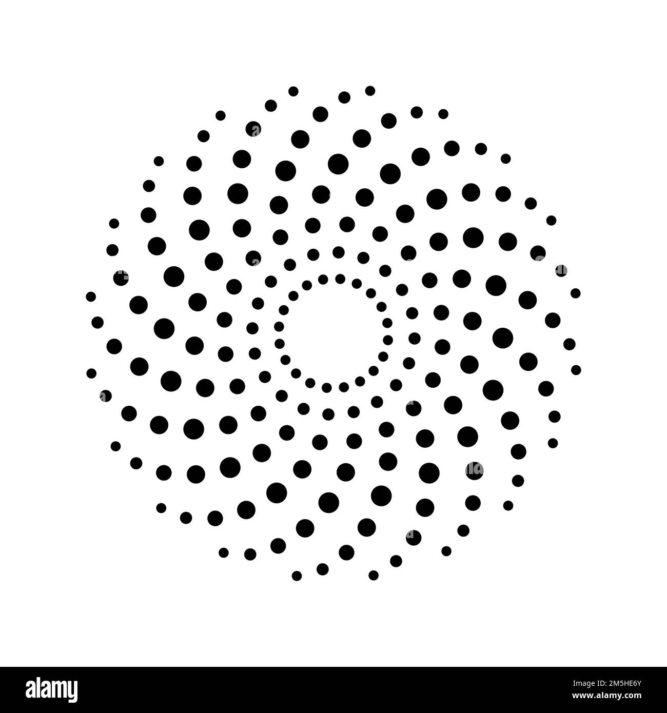 Halftone circle made of spiral dots. Simple black halftone logo on white background. Swirl pattern rotation. Abstract whirlpool round shape. Vector Stock Vector
