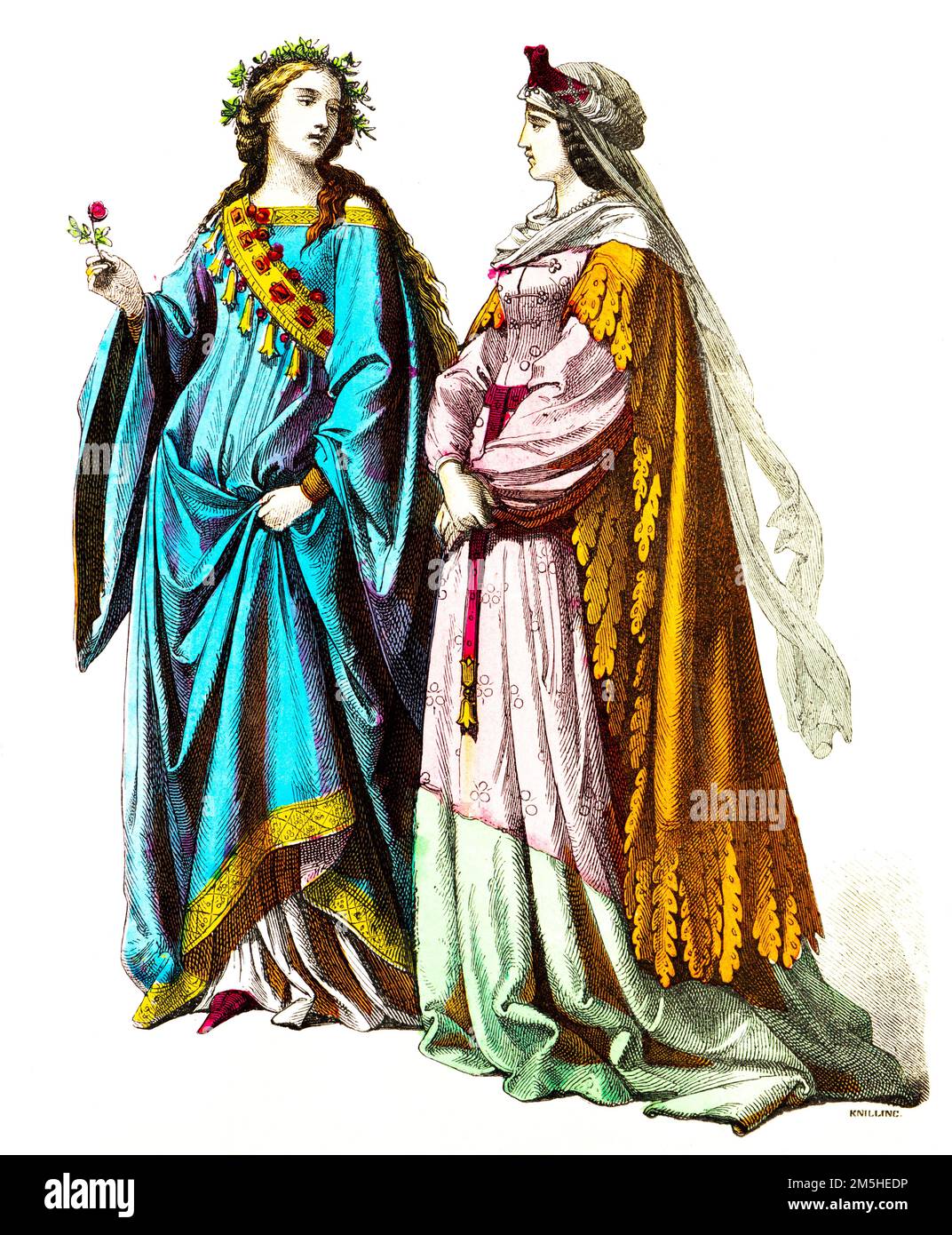 Historical costumes at the beginning of 15th century, historical illustration, Münchener Bilderbogen, München 1890 Stock Photo