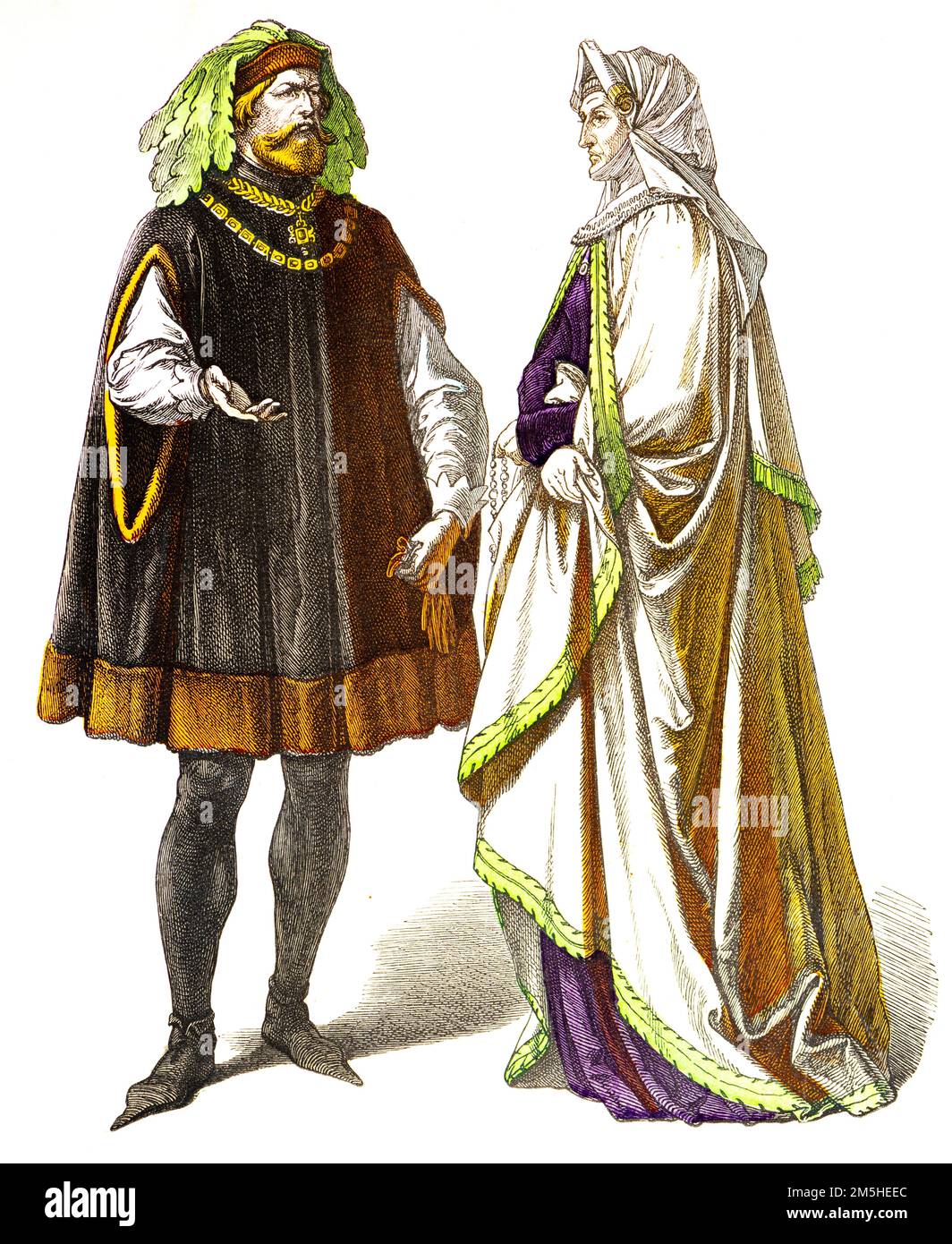 Historical costumes at the beginning of 15th century, historical illustration, Münchener Bilderbogen, München 1890 Stock Photo