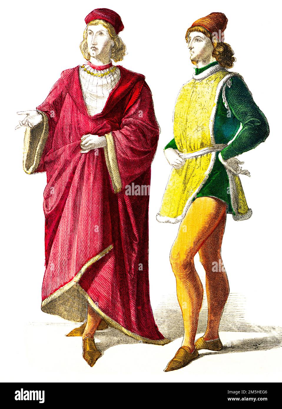 Historical costumes at the beginning of 15th century, historical illustration, Münchener Bilderbogen, München 1890 Stock Photo