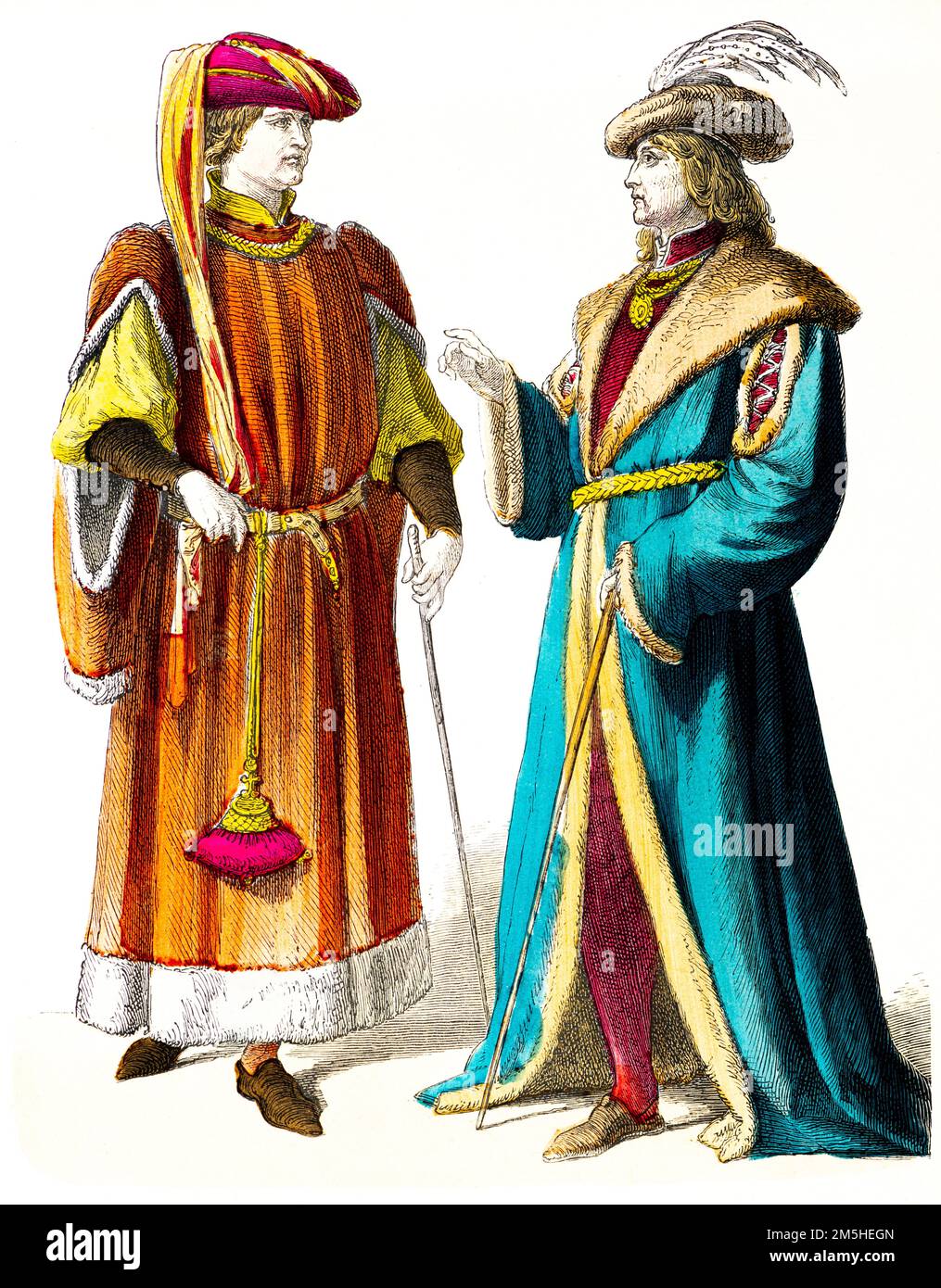 Two men in  historical costumes at the beginning of 15th century, historical illustration, Münchener Bilderbogen, München 1890 Stock Photo