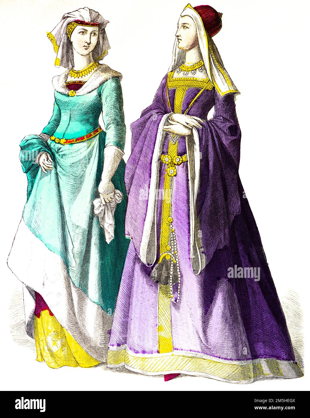Historical costumes at the beginning of 15th century, historical illustration, Münchener Bilderbogen, München 1890 Stock Photo