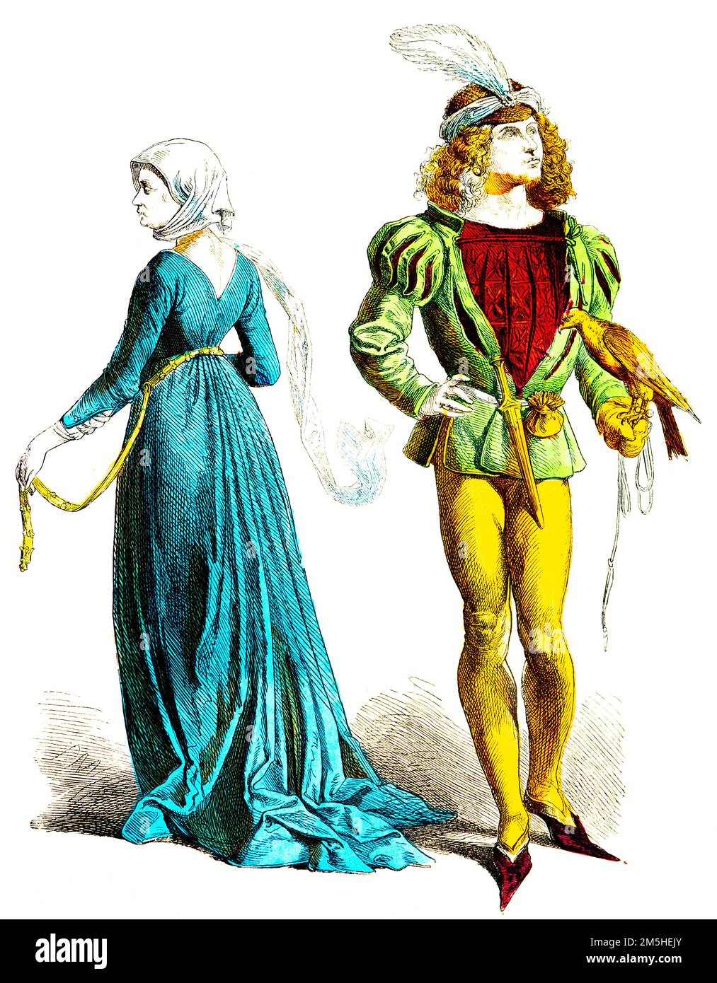 German costumes of the late15th century, colored historic Illustration 1890, Münchener Bilderbogen, Stock Photo