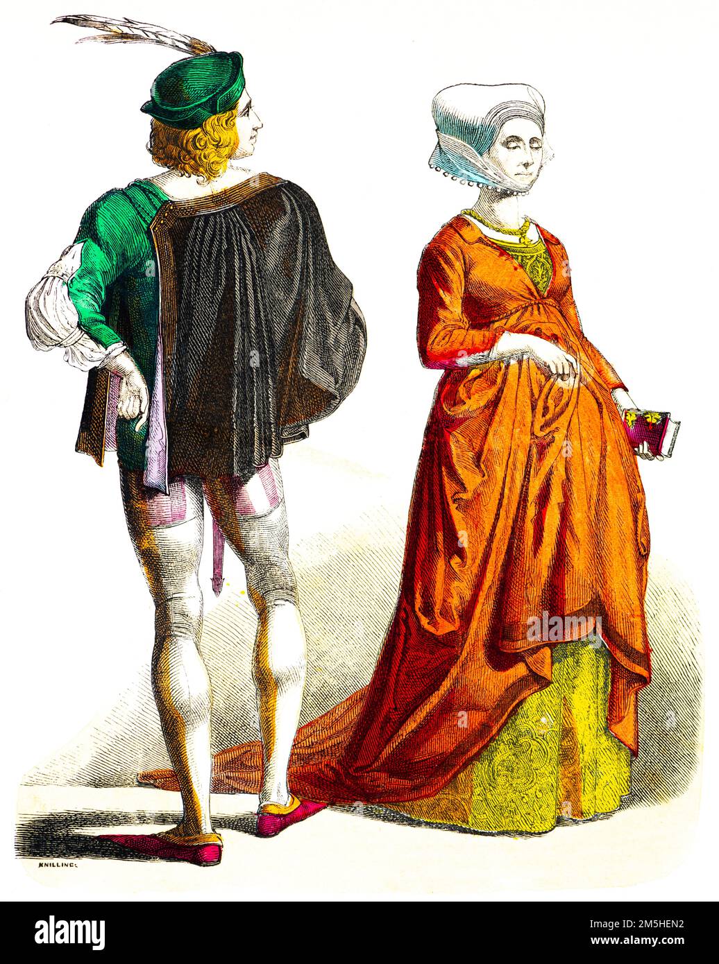 German costumes of the late15th century, colored historic Illustration 1890, Münchener Bilderbogen, Stock Photo
