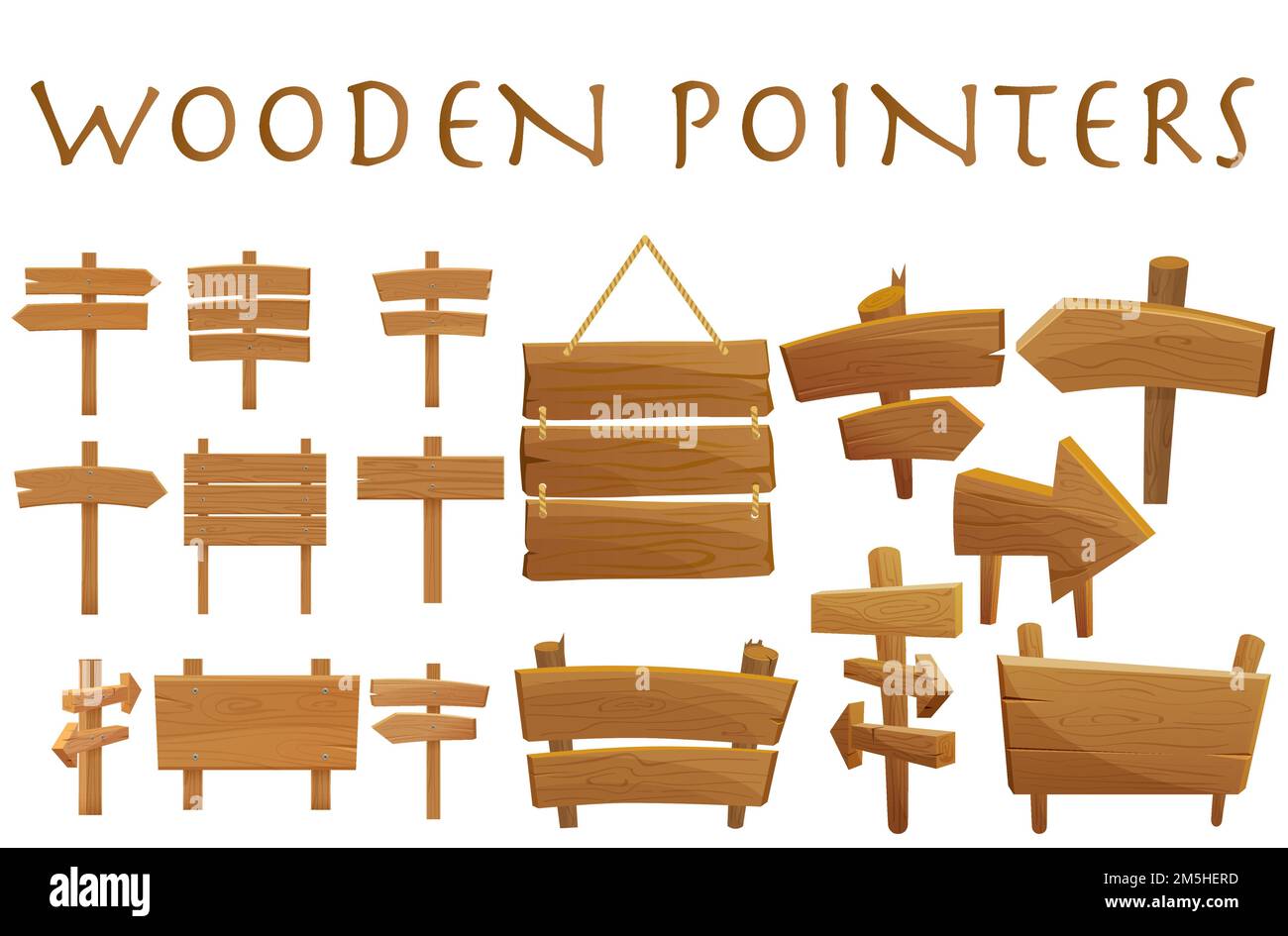 Set of different wooden empty cartoon pointers, hovering guides ...