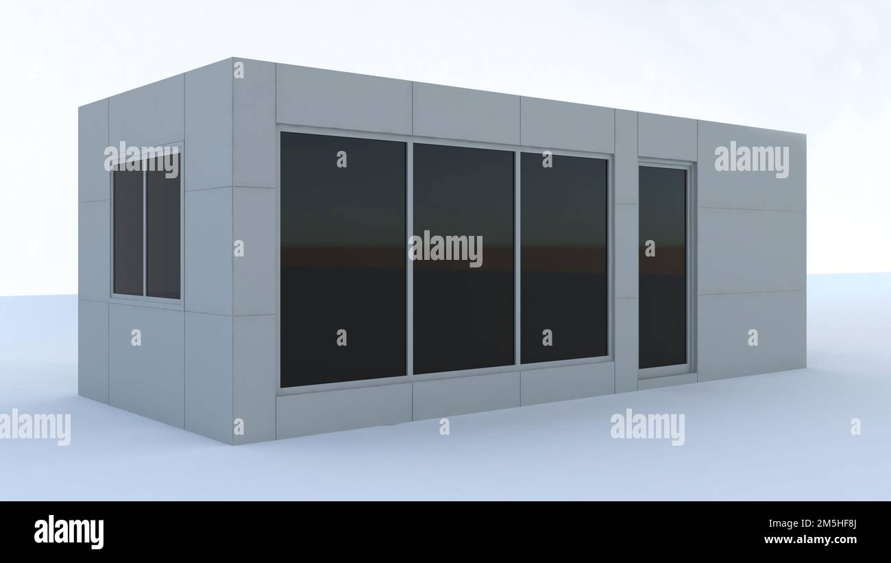 3d Container building design. Portable white office cabin container isolated on white background, 3d rendering. Stock Photo