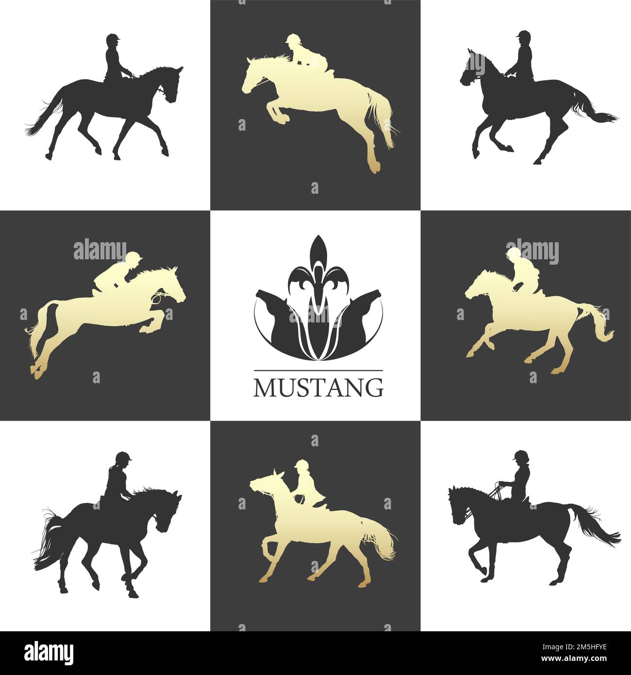 Vector set illustration, rider controls running horse, competition dressage, jumping Stock
