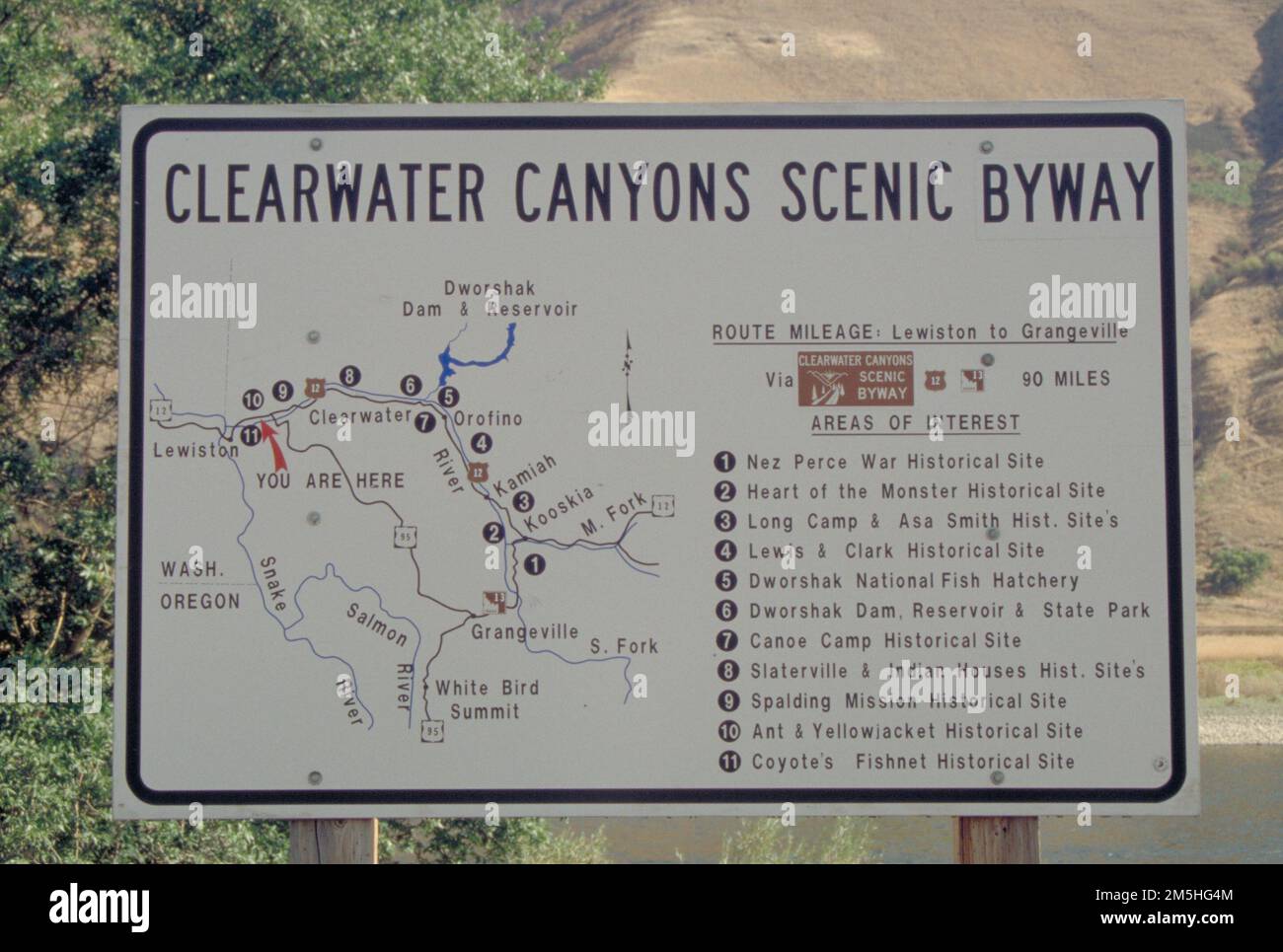 Northwest Passage Scenic Byway - Sign for Clearwater Canyons Scenic Byway. Sign shows byway route and points of interest. This Idaho byway has since been renamed to 'Northwest Passage Scenic Byway' and this sign is no longer used on the route. Location: Idaho (46.148° N 115.596° W) Stock Photo