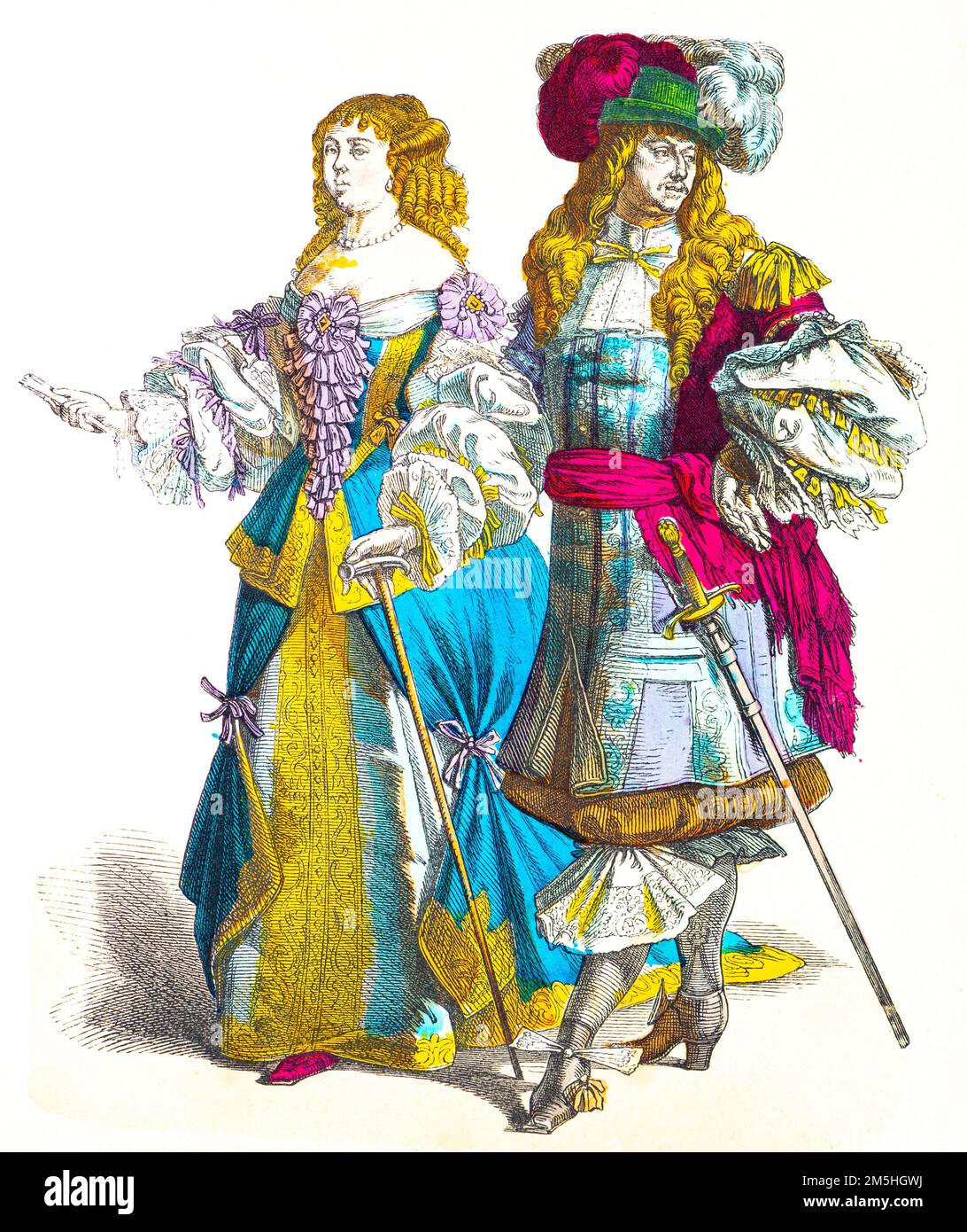 Historical costumes at the end of 17th century,  historical illustration, Münchener Bilderbogen, München 1890 Stock Photo