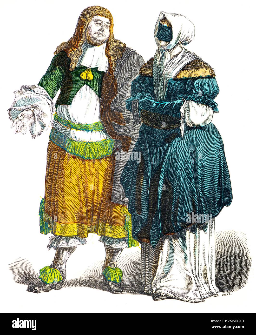 Historical costumes at the end of 17th century,  historical illustration, Münchener Bilderbogen, München 1890 Stock Photo