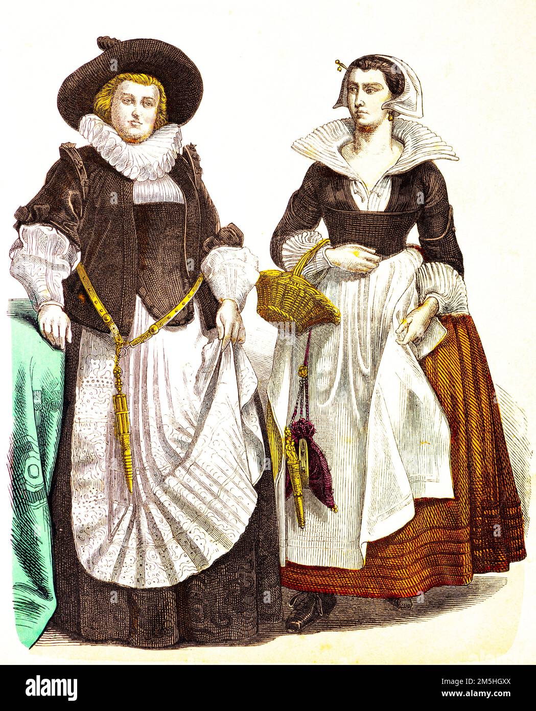 Historical costumes at the beginning of 17th century,  historical illustration, Münchener Bilderbogen, München 1890 Stock Photo
