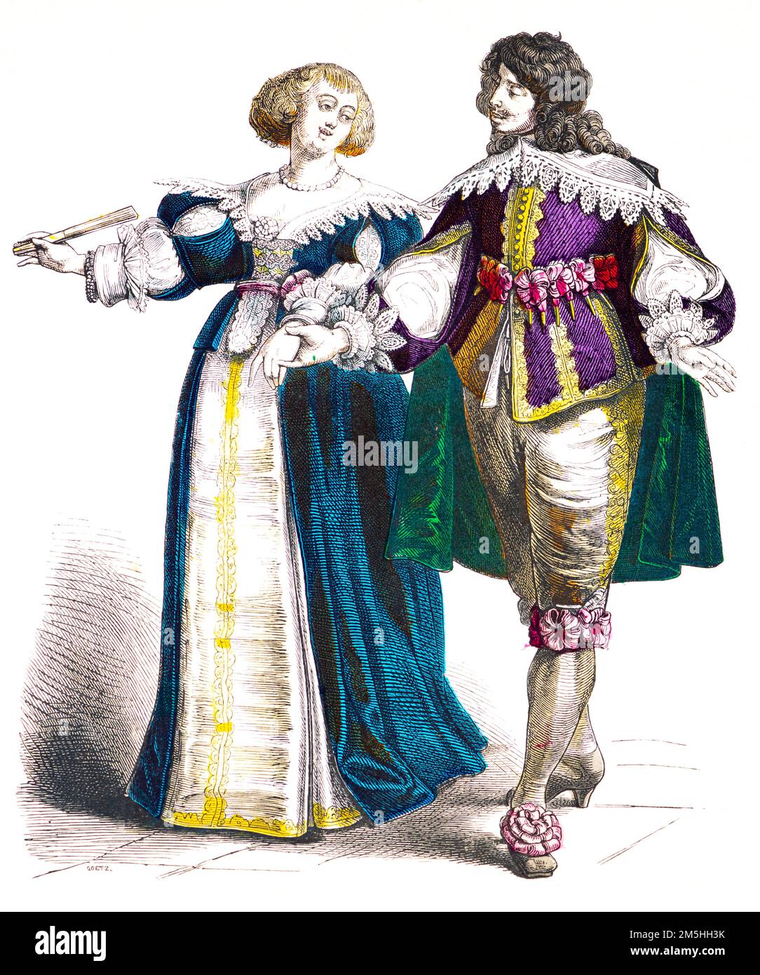 Historical costumes in the middle of 17th century,  historical illustration, Münchener Bilderbogen, München 1890 Stock Photo