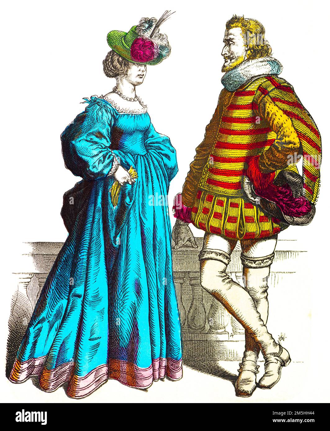 Historical costumes in the middle of 17th century,  historical illustration, Münchener Bilderbogen, München 1890 Stock Photo