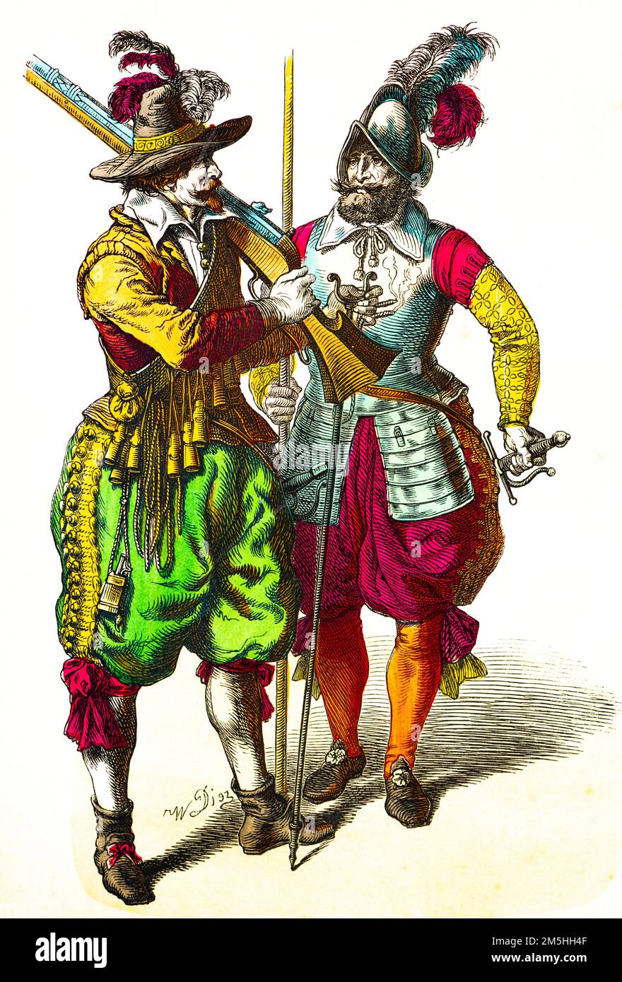 Historical costumes in the middle of 17th century,  historical illustration, Münchener Bilderbogen, München 1890 Stock Photo